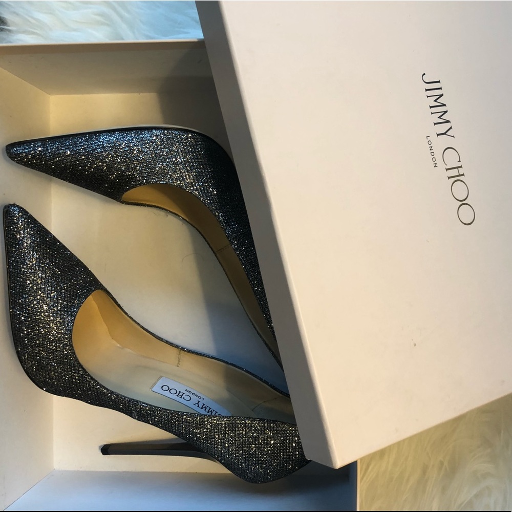 Jimmy Choo Anuk Lame Anthracite Glitter Stiletto Pumps